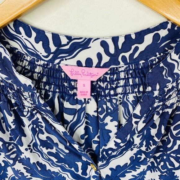 Lilly Pulitzer Elisa 100% Silk Long Sleeve Blue White Coral Blouse Size Small - Picture 6 of 6